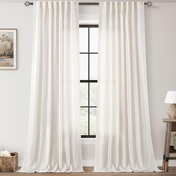 Natural Semi Sheer Linen Curtain 90 inch Length 2 Panels Set Back Tab Light Filtering Living Room Curtain Drapes Home Office Modern Minimalist Decor Farmhouse Boho Neutral Cream Curtain 90 inches Long