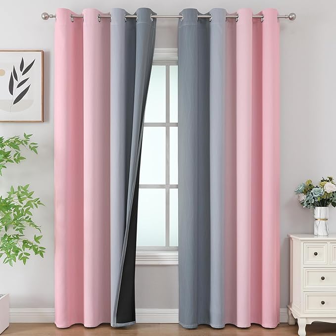 Estelar Textiler Pink and Grey Ombre Blackout Curtains 102 Inches Long for Bedroom, Thermal Insulated Full Room Darkening Grommet Gradient Drapes for Living Room, 52Wx102L, 2 Panels