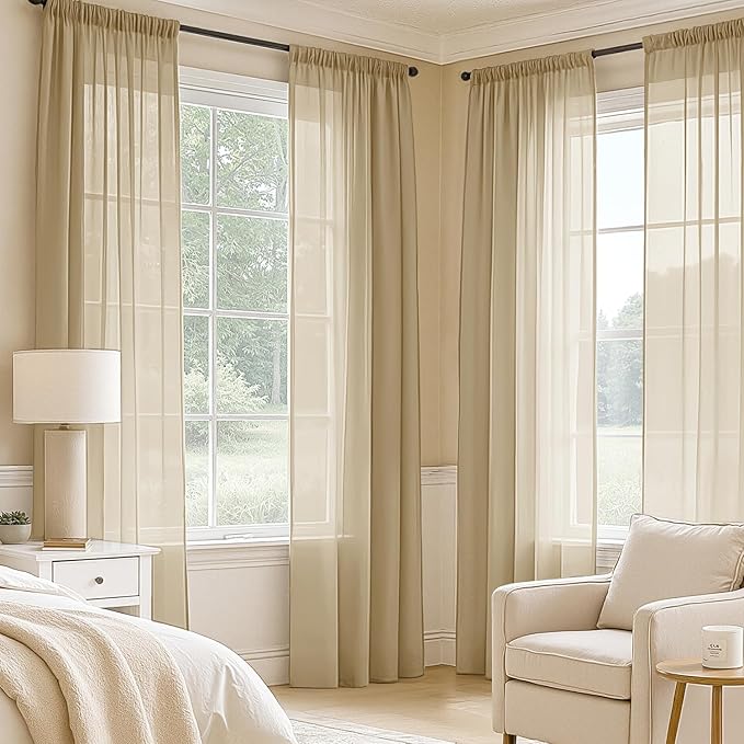 MIULEE Beige Sheer Curtains 84 Inches Long, 4 Panels Set, Rod Pocket Voile Drapes Light Filtering and Semi Transparent, Elegant Window Treatments for Bedroom Living Room,42 x 84 Inches