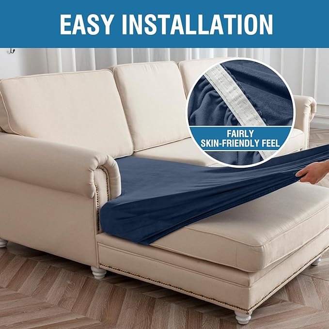 Couch Cover 8-Piece Elastic Velvet Couch Cushion Covers & Chaise Slipcovers for L-Shaped Sofas, Sofa Seat Covers Washable, Soft Cover for Couches (7 Seater + Chaise, Berlin Blue)