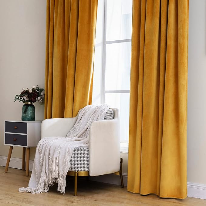 MIULEE Velvet Curtains 96 inches 2 Panels - Luxury Blackout Curtains for Bedroom Living Room Thermal Insulated Fall Decor Super Soft Window Drapes Rod Pocket & Back Tab, Mustard Yellow