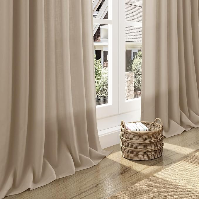 Sepia Beige Linen Curtains 108 Inches Long for Living Room Farmhouse Decor Light Filtering Semi Sheer Curtain Back Tab Rod Pocket Neutral Floor to Ceiling High Window for Bedroom 52x108, 2 Panels