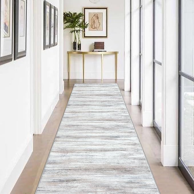 KOZYFLY Modern Abstract Kitchen Runner Rug, 2.6x12 Washable Rug Runner Non-Slip Soft Striped Hallway Runner Rugs, Beige Print Carpet Runner for Entryway Bathroom Laundry Room Foyer