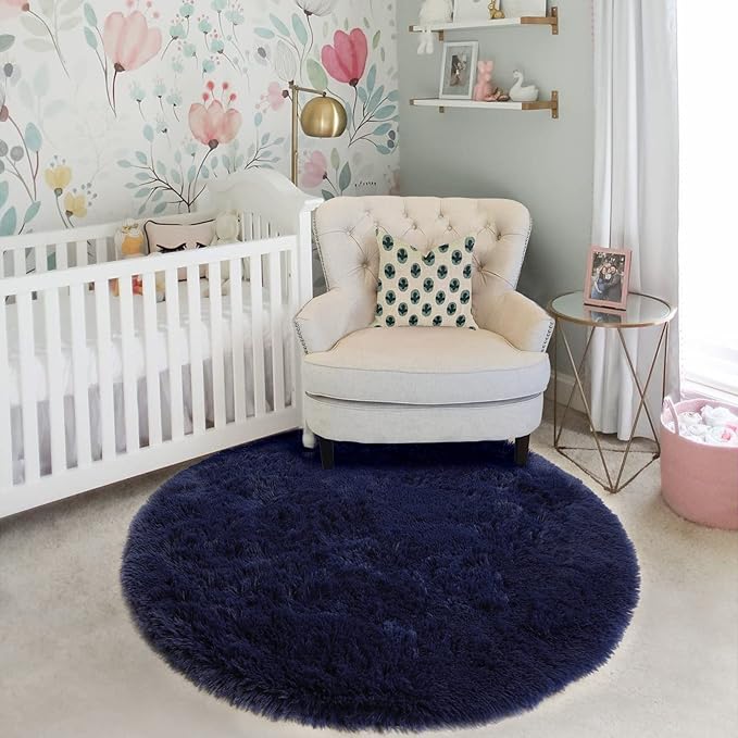 Amdrebio Dark Navy Round Rug 4Ft for Boys Room Bedroom, Fluffy Shag Fuzzy Plush Circle Area Rugs for Kids, Teens, Living Room Decor Aesthetic, Indigo Furry Cool Dark Blue Carpet for Dorm Baby Nursery
