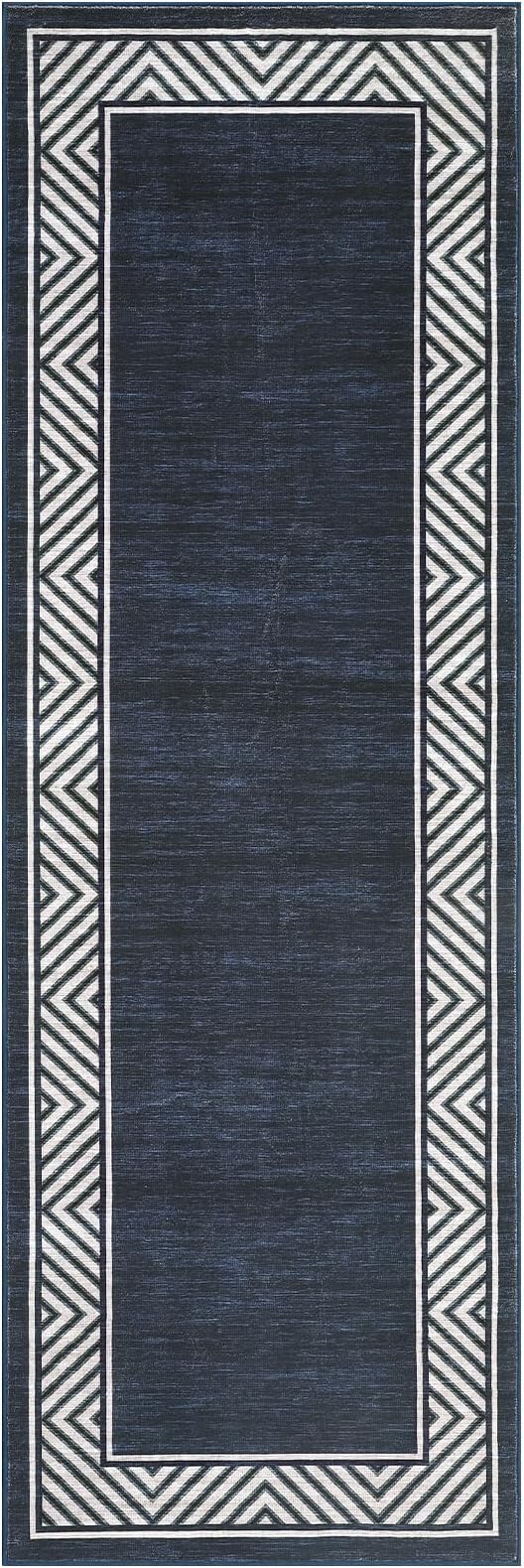 GarveeHome Washable Hallway Rug 2x6 Narrow Modern Bordered Floor Runner, Non-Shedding Contemporary Bedside Rug, Foldable Ultra-Thin Carpet Runner for Bedroom, Kitchen, Laundry Room, Navy Blue
