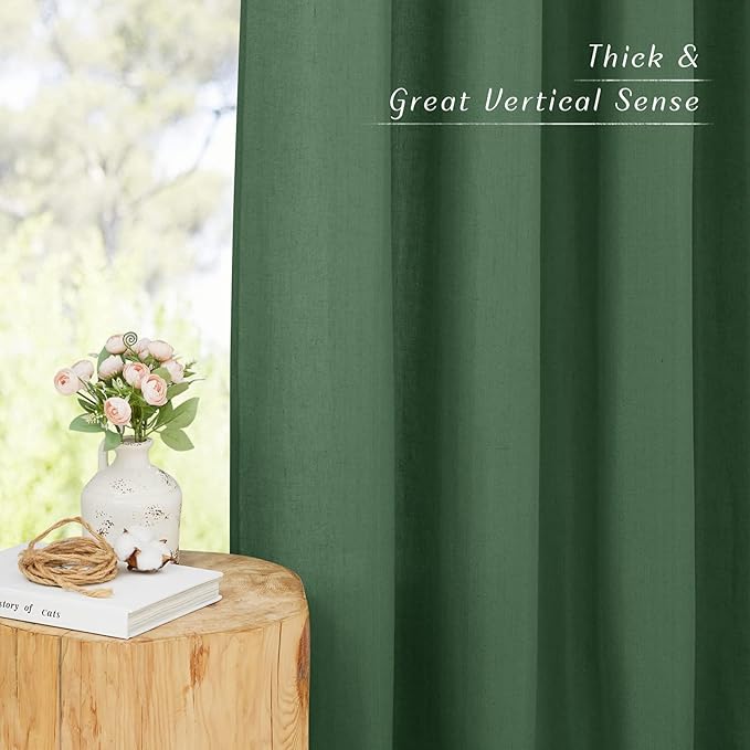 NICETOWN Linen Flax Semi Sheer Curtains 92" Length, Grommet Window Treatments Privacy Added with Light Penetration Vertical Drapes for Loft/Home Office, Olive Green, W55 x L92, 2 Panels