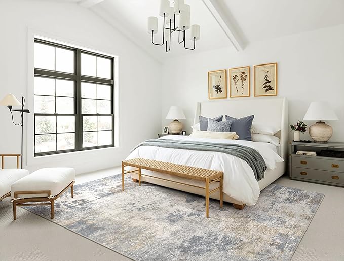 UERMEI 5x8 Area Rug Living Room Rugs - Washable Neutral Modern Abstract Soft Thin Large Rug Indoor Floor No Slip Rug Carpet for Bedroom Under Dining Table Home Office Decor - Blue Grey