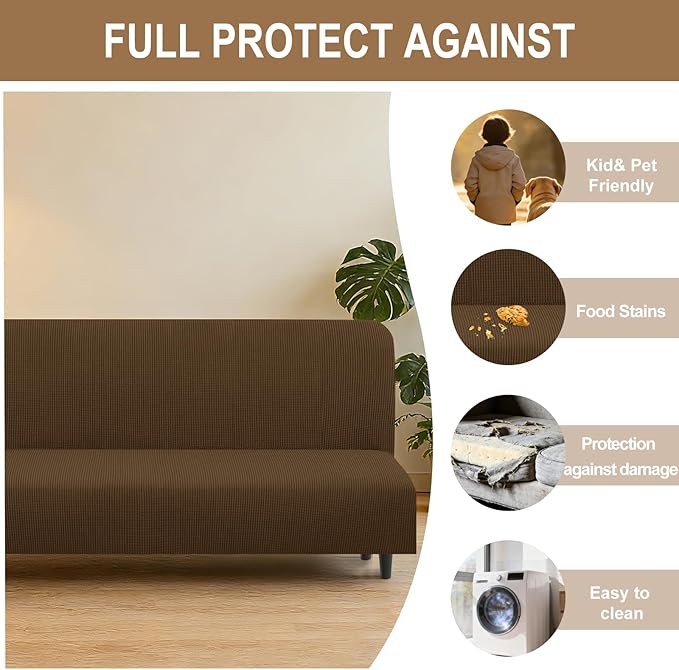 U-NICE HOME Stretch Futon Cover Armless Bed Slipcover - Soft Jacquard Fabric Washable for Pet Friendly, Brown