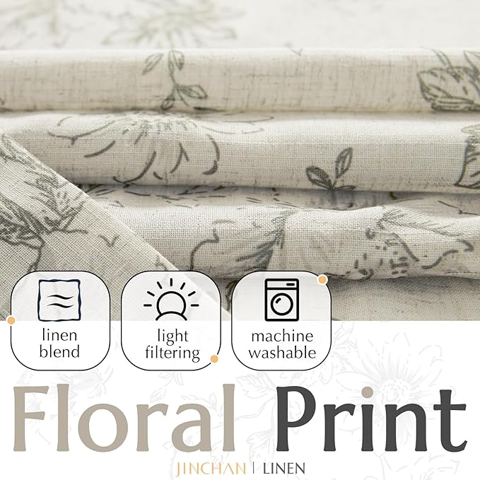 jinchan Lined Linen Blend Curtain Floral Curtains for Living Room 90 Inches Long Grey Peony Flower Printed Curtain Back Tab Farmhouse Patterned Drapes Bedroom Window Curtains Set 2 Panels