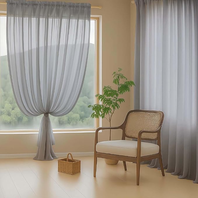 Grey Sheer Curtains 90 Inches Long 2 Panels, Light Filtering Solid Sheer Curtains for Bedroom Living Room, Lightweight Soft Airy Sheer Drapes, Dual Rod Pocket, Charcoal Grey, 2x42Wx90L Inches