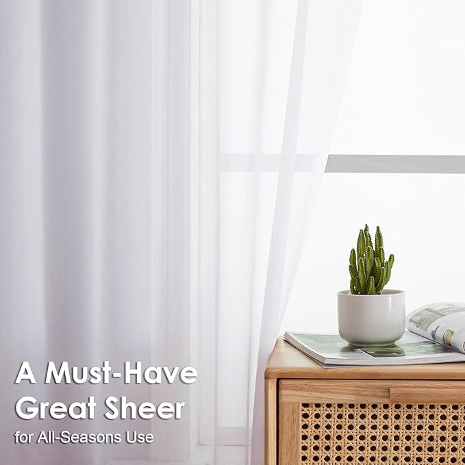 OVZME White Sheer Curtains 45 Inch Long 2 Panels, Rod Pocket Voile Drapes for Small Windows, Each 42 by 45 Inches.