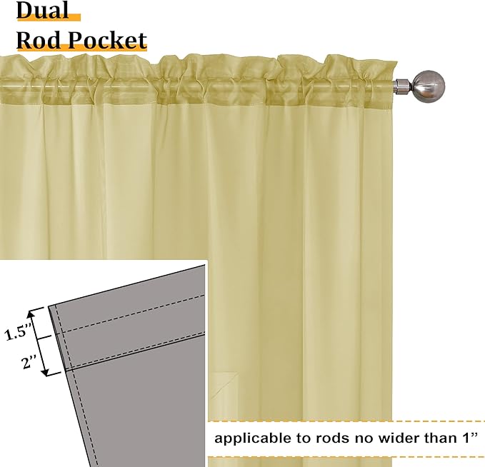 Aiyufeng Yellow Sheer Curtains 45 Inch Length 2 Panels Set, Light Filtering Yellow Window Curtain Drapes Treatment for Kitchen, Bedroom,Children Room, Dual Rod Pocket, 2 Pack of 42 x 45"