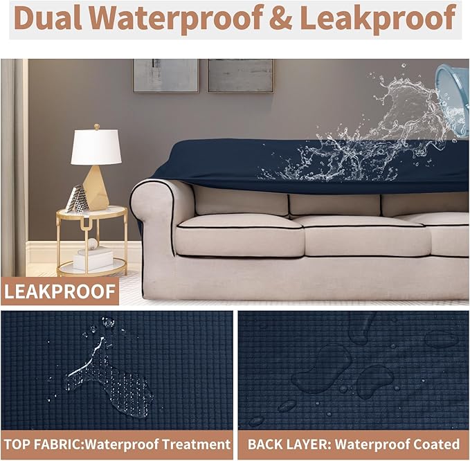 Easy-Going 100% Waterproof Loveseat Couch Cover, Dual Waterproof Sofa Cover, Stretch Jacquard Sofa Slipcover, Leakproof Furniture Protector for Kids, Pets, Dog and Cat (Loveseat, Dark Blue)
