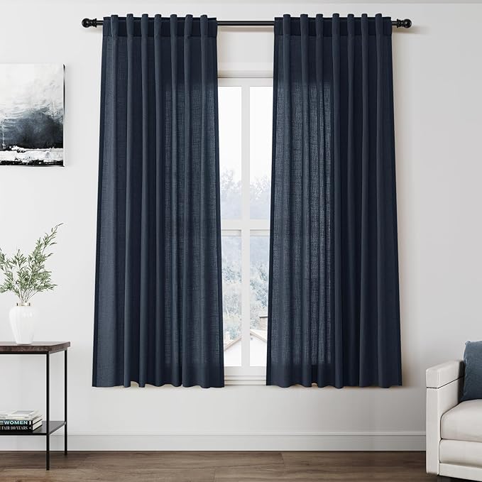 Vintage Blue Curtains 63 Inches Long 2 Panel Sets for Living Room Bedroom Light Filtering Linen Drapes for Kitchen Windows Rod Pocket Back Tab Short See Through Curtain Vintage Country Decor 52x63