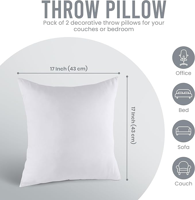 Utopia Bedding 17x17 Pillow Inserts, Set of 2, White – Indoor Decorative Throw Pillows for Bed, Sofa & Couch – Soft, Supportive & Fluffy Cushion Inserts