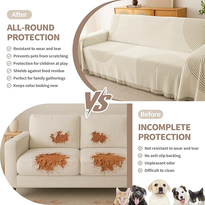 Couch Cover for Dogs, Boho Sofa Covers for 3 Cushion Couch, Chenille Sofa Slipcover for Pets Washable, L-Shape Sectional Couch Loveseat Cover Soft Throw Blankets with Tassels(91x118,Arc Beige)
