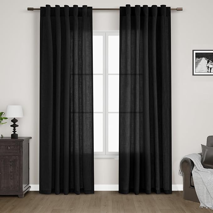 Black Linen Blend Drapes 84 Inch Length 2 Panels Set Back Tab Rod Pocket Light Filtering Privacy Semi Sheer Textured Vertical Curtains Boho Farmhouse Decor Curtains for Living Room Bedroom 40x84