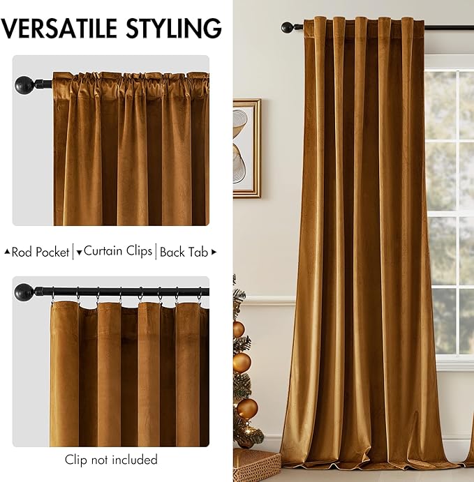 MIULEE Velvet Curtains 96 inches - Luxury Blackout Curtains for Bedroom Living Room Thermal Insulated Super Soft Window Drapes Rod Pocket & Back Tab, Gold Brown, W52 x L96 inches, 2 Panels