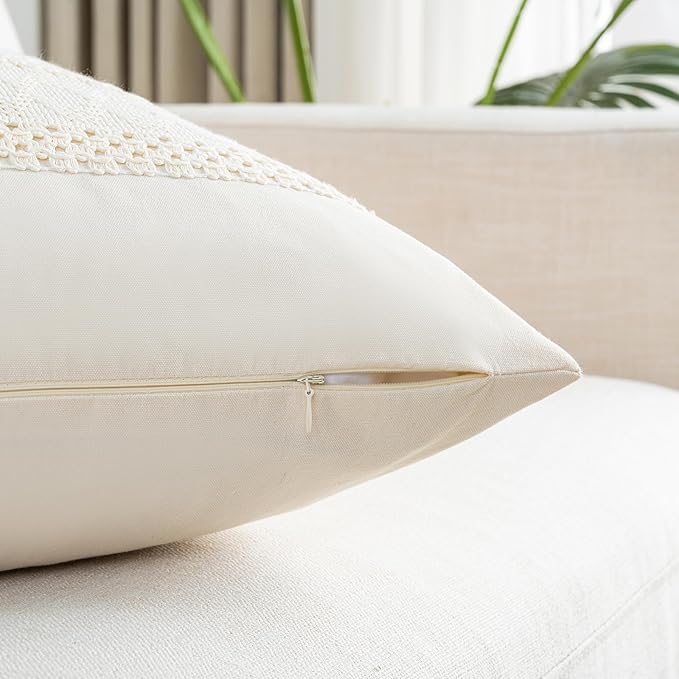 Fancy Homi Set of 1 Boho Cream Lumbar Decorative Throw Pillow Cover 12x20 Inch for Couch Bed Sofa Chair, Modern Organic Farmhouse Home Decor, Soft Cotton Cute Accent Rectangle Cushion Case
