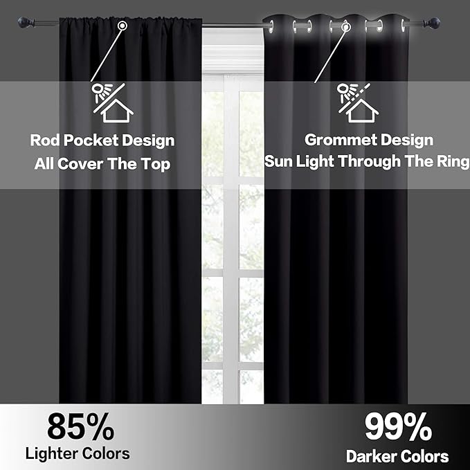 RYB HOME Basement Bathroom Kitchen Cafe Blackout Privacy Curtains, Short Insulating Light UV Heat Blocking Privacy Curtain Tiers for Laundry Room, Width 34 by Length 30, Black, 2 Panels