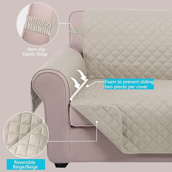 U-NICE HOME Reversible Oversized Chair Covers Quilted Water Repellent Pet Protectors with Elastic Straps(28''Armchair, Beige/Beige)