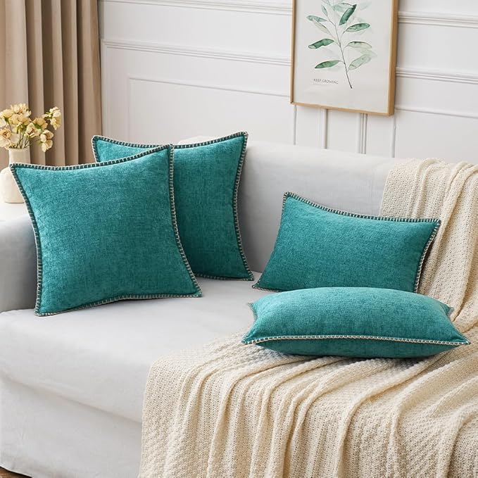 MIULEE Pack of 2 Couch Throw Pillow Covers 18x18 Inch Teal Farmhouse Decorative Pillow Covers with Stitched Edge Soft Chenille Solid Dyed Spring Pillow Covers for Sofa Bed Living Room