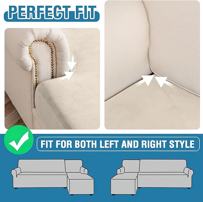 Couch Cover 3-Piece Elastic Velvet Couch Cushion Covers & Chaise Slipcovers for L-Shaped Sofas - Sofa Seat Covers Washable, Soft Protector for Couches (2 Seater + Chaise, Cream)