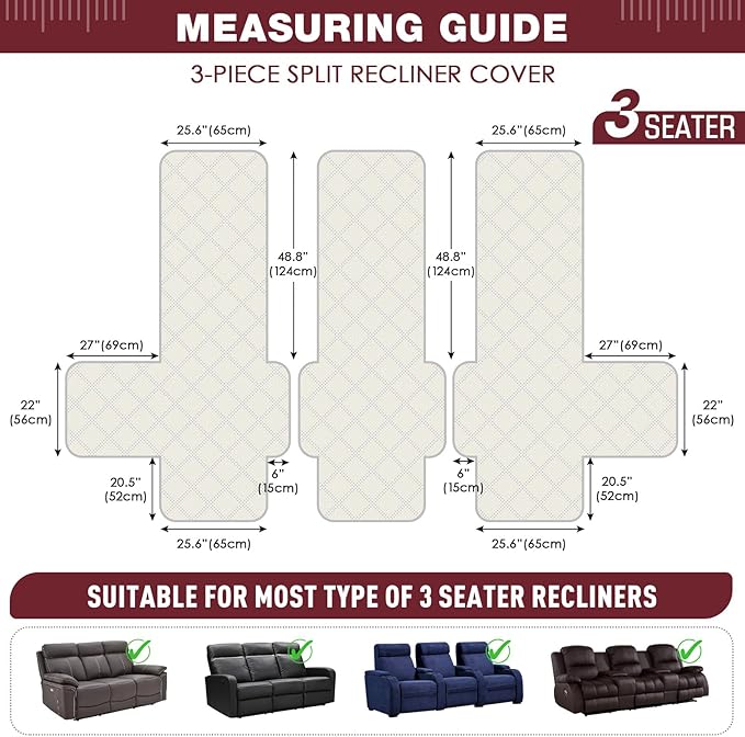 TAOCOCO 100% Waterproof Recliner Sofa Covers 3 Seater, Split Couch Covers for Reclining Couches, Non Slip Reclining Couch Covers with Double Straps for Kids Pets(3 Seater, Wine)