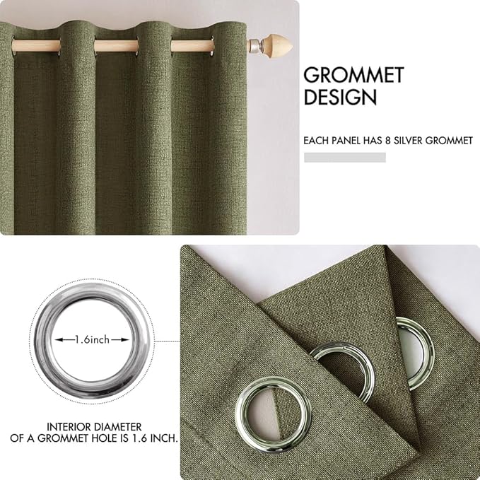 MIULEE Linen Texture Curtains for Bedroom Solid 100% Blackout Thermal Insulated Light Olive Green Curtains Grommet Room Darkening Drapes for Living Room Nursery 52x96 Inch (2 Panels)