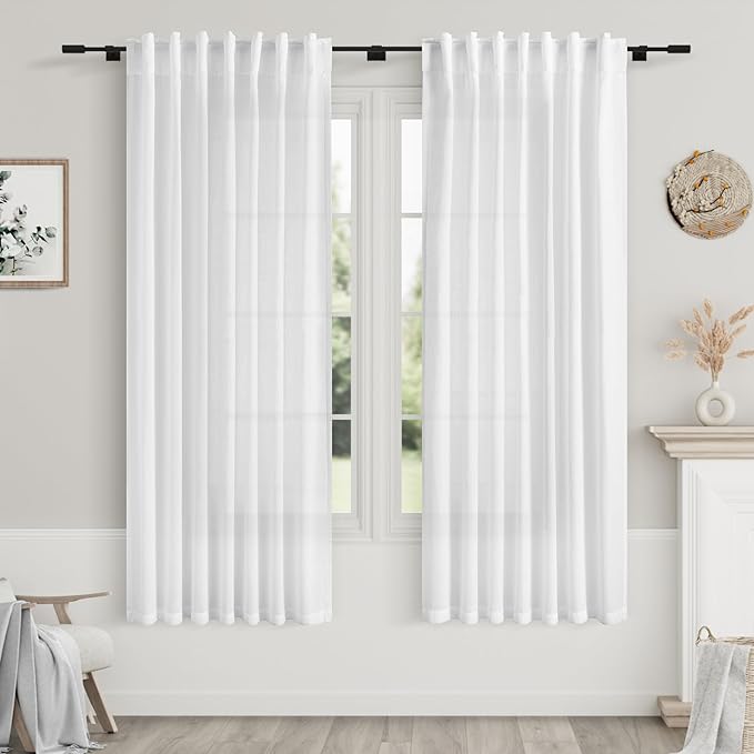 Nanspring White Semi Sheer Linen Curtains 58 Inch Length for Living Room 2 Panels Set Modern Farmhouse Window Curtain Back Tab Rod Pocket Light Filtering Privacy Drapes for Bedroom 52x58