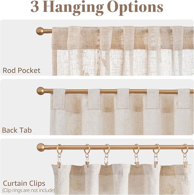 jinchan Belrose Linen Floral Cafe Curtains 54 Inch Length Embroidered Farmhouse Curtains for Kitchen Bedroom Bathroom Small Windows Curtain Set Light Filtering 2 Panels Ivory