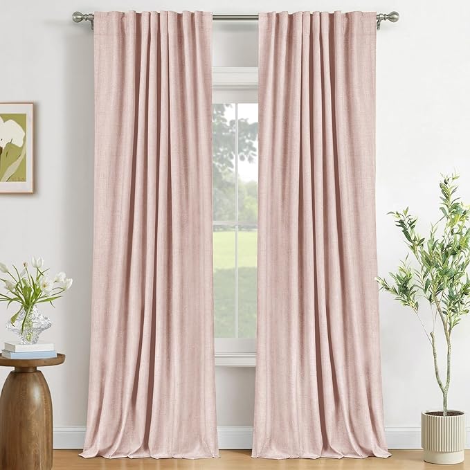 100% Blackout Shield Light Pink Linen Blackout Curtains for Bedroom 90 Inches Long, Back Tab/Rod Pocket Living Room Drapes, Thermal Insulated Blackout Curtains 2 Panels Set, 50" W x 90" L