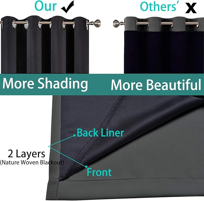 Yakamok Full Shade Curtain Panels, Heavy Duty Lined Curtains 90 Inches Long, Thermal Insulated Room Darkening Curtains with Black Liner for Bedroom(52" Width Each Panel, Dark Gray, 2 Panels)