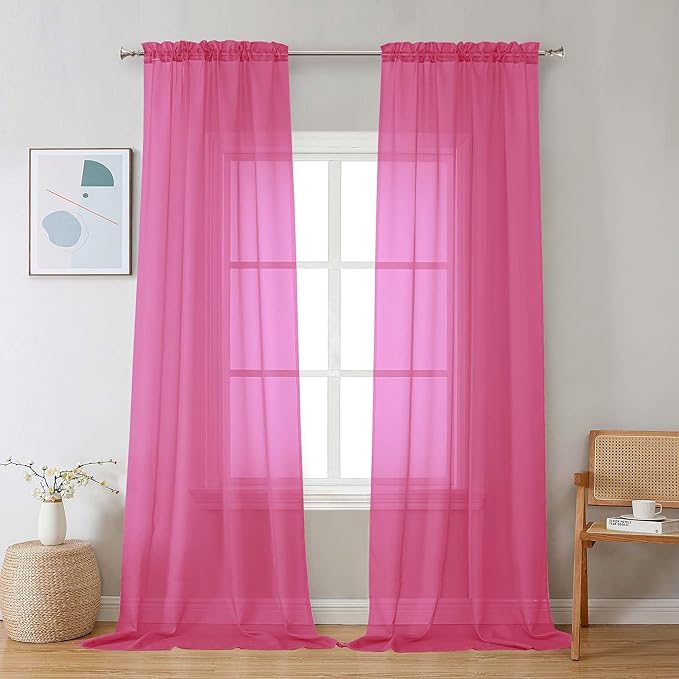Chyhomenyc Hot Pink Sheer Curtains 96 inches Long 2 Panels, Light Filtering Soft Airy Solid Elegant Voile Window Treatment Drapes for Bedroom Living Room, 42Wx96L, 8FT L