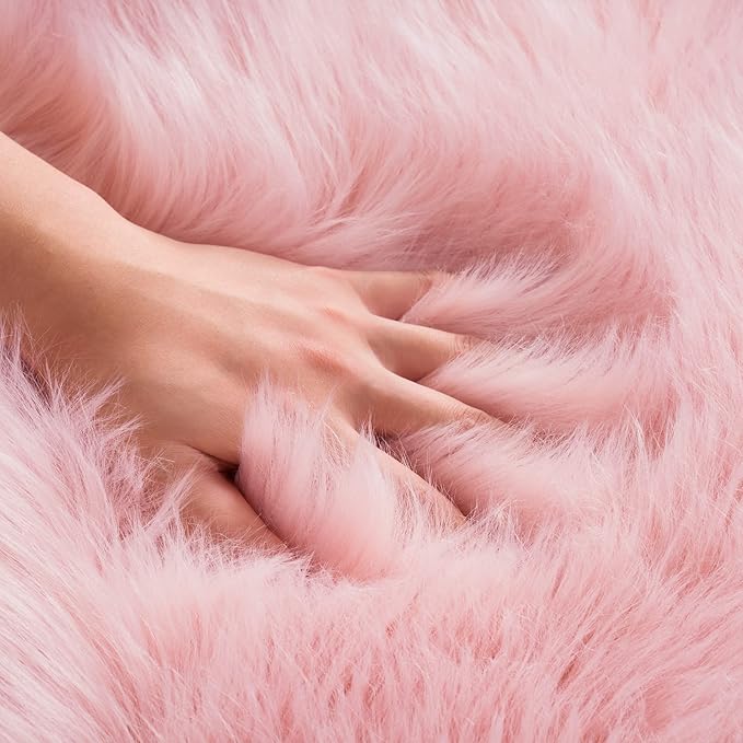 Ciicool Pink Fur Fluffy Rug, 2x4 ft Small Faux Fur Rugs for Bedroom, Washable Faux Sheepskin Carpet for Sofa Couch Seat Cushion, Thick Shaggy Furry Rugs Floor Carpets for Bedside Living Room