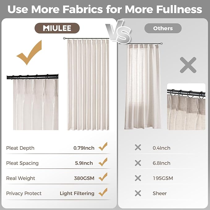 MIULEE Pinch Pleated Thick Linen Curtains 92 Inches Long 2 Panels for Living Room Bedroom, Pinch Pleat Drapes Back Tab Light Filtering Floor to Ceiling Semi Sheer Natural Farmhouse Window Curtains