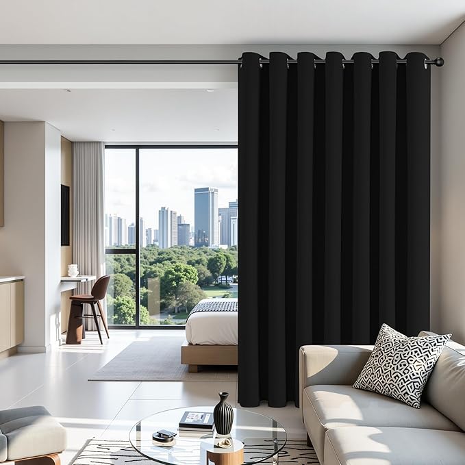 Joydeco Blackout Patio Sliding Door Curtains 108 Inches Long, Grommet Privacy Room Divider Curtains, Extra Wide Thermal Blackout Drapes for Bedroom Living Room (Black, 80Wx108L, 1 Panel)