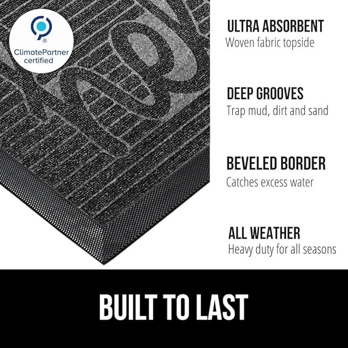 GORILLA GRIP 100% Waterproof All-Season WeatherMAX Doormat, US Designed Natural Rubber, Stain and Fade Resistant, Low Profile Indoor Outdoor Door Mats, Easy Clean Patio Mat, 29x17, Charcoal Hello
