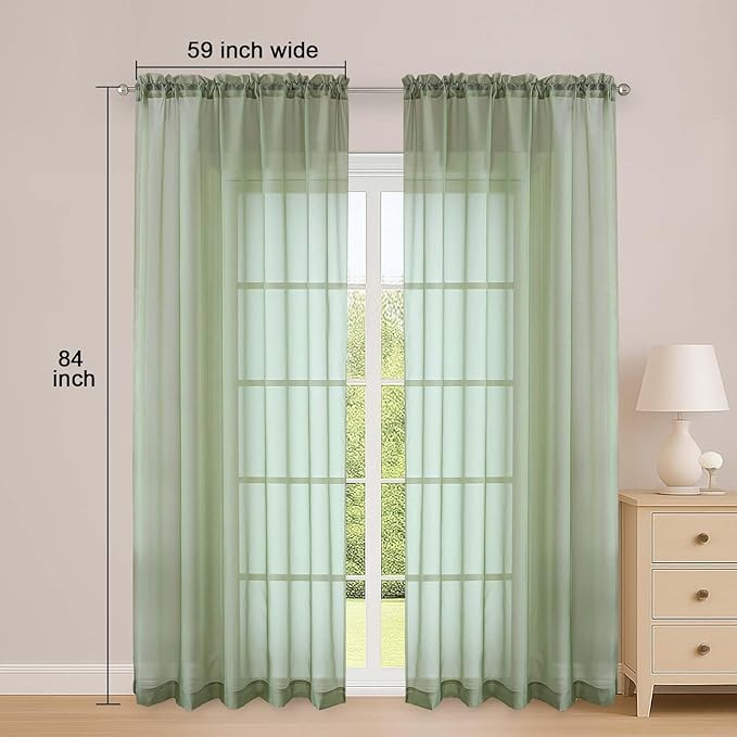OWENIE Sheer Curtains 84 Inches Long 2 Panels Set, Sage Green Sheer Curtain for Living Room Bedroom, Modern Filmy Rod Pocket Curtains Drapes, 2 Pcs, Each 59 W x 84L, Sage Green