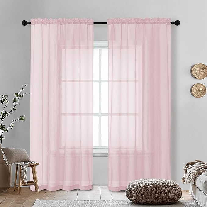 OVZME Blush Pink Sheer Curtains 72 Inches Long 2 Panels - Soft Light Filtering Window Sheer Panels for Living Room/Bedroom, Top Dual Rod Pocket, 1 Pair, Each 42Wx72L Inches