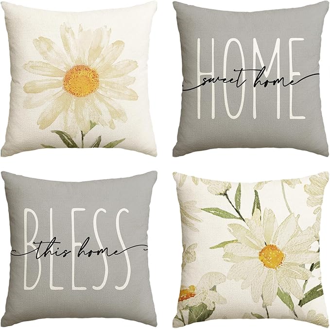 AVOIN colorlife Home Sweet Home Spring Summer Flowers Throw Pillow Covers, 20 x 20 Inch Grey Cushion Case for Sofa Couch Set of 4