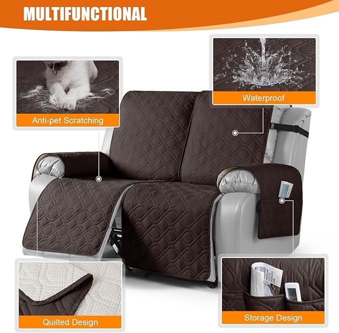 VANSOFY Waterproof Recliner Couch Covers, Sofa Covers 1-Piece Washable Reclining Sofa Cover Non-Slip Furniture Protector with Elastic Straps Pocket for Dogs, Pets(Chocolate,Oversized 2 Seater)