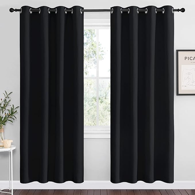 NICETOWN Blackout Curtains Panels for Bedroom, 2 Panels, 52 x 70 Inch, Black, 3 Pass Microfiber Noise Reducing Thermal Insulated Solid Ring Top Blackout Window Drapes