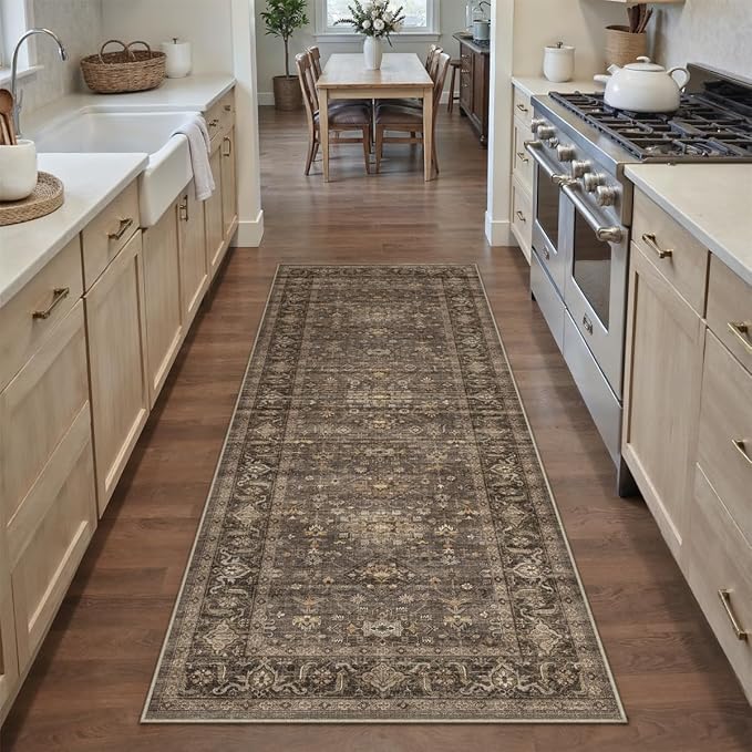 2x6 Washable Runner Rug for Hallway Kitchen Vintage Brown Non Slip Low Pile Carpet Traditional Retro Soft Throw Rug for Bathroom Bedroom Entryway Indoor Entrance