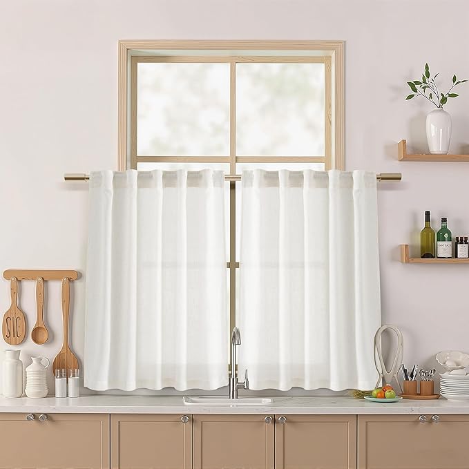 Nanspring Beige White Cafe Curtains 40 Inch Length for Kitchen Small Window Linen Blend Semi Sheer Curtain with Back Tab and Rod Pocket Front Door Drapes for Bedroom 2 Panels Set 40 X 40 Inch