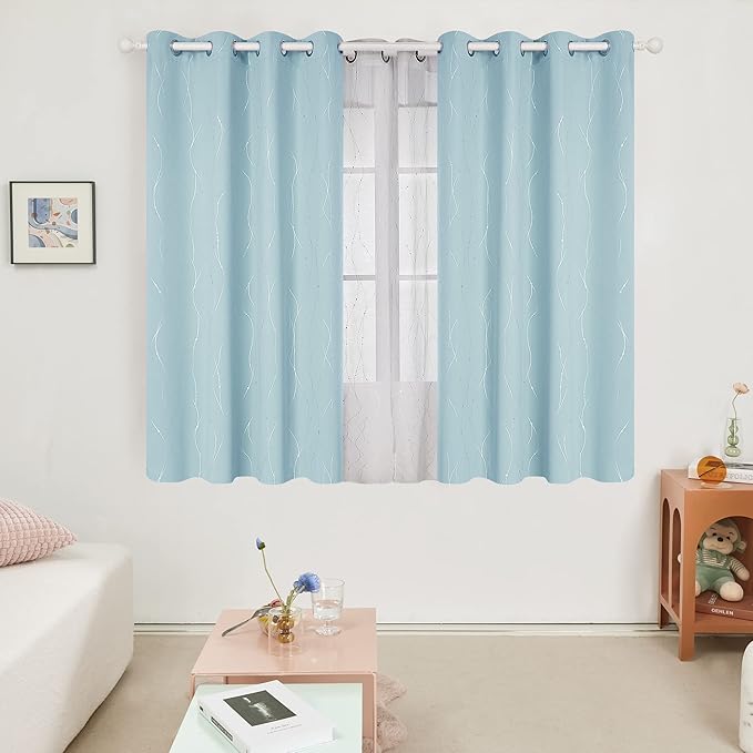 Deconovo Blackout Curtains, Thermal Insulated Soundproof Grommet Drapes, Wave Dot Foil Print, 52 x 54 Inch, Set of 2, Machine Washable Window Panel for Bedroom Living Room Nursery Kitchen, Light Blue