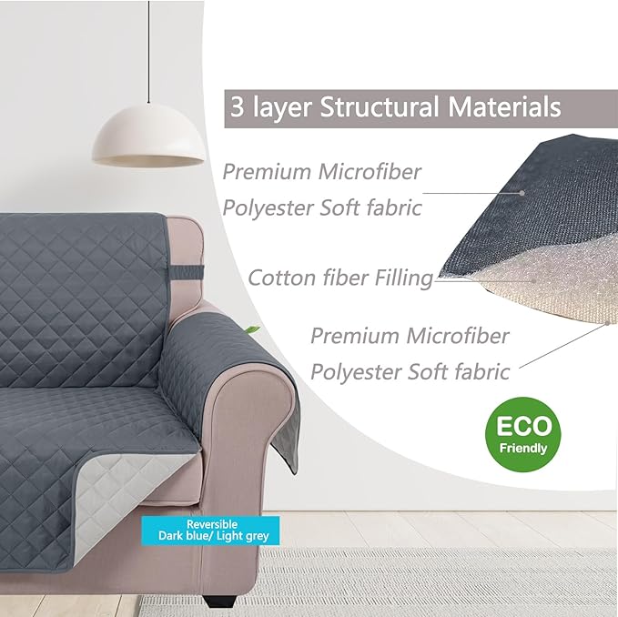 U-NICE HOME Recliner Chair Covers Reversible Quilted Water Repellent Pet Protectors with Elastic Straps (23''Recliner Small, Dark Blue/Light Grey)