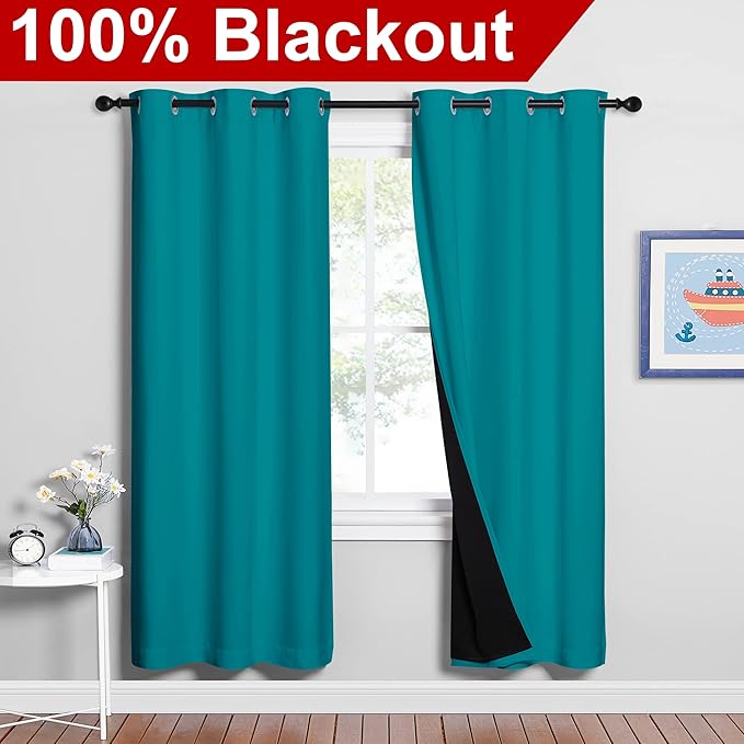 NICETOWN Full Shade Curtain Panels, 37" Wide x 70" Long, Peacock Teal, Pair of Thermal Insulated & Energy Efficiency Blackout Drapes for Living Room, Lined Silky Performance Window Dressing