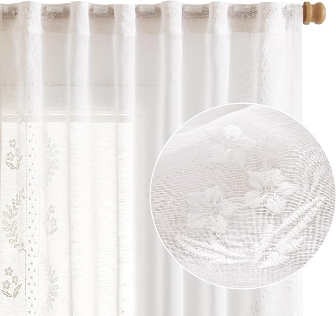 jinchan Belrose Linen Sheer Curtains for Living Room 63 Inch Length Sheer Voile Embroidered Floral Curtains for Bedroom Light Filtering Rod Pocket Window Treatments Farmhouse Decor 2 Panels White