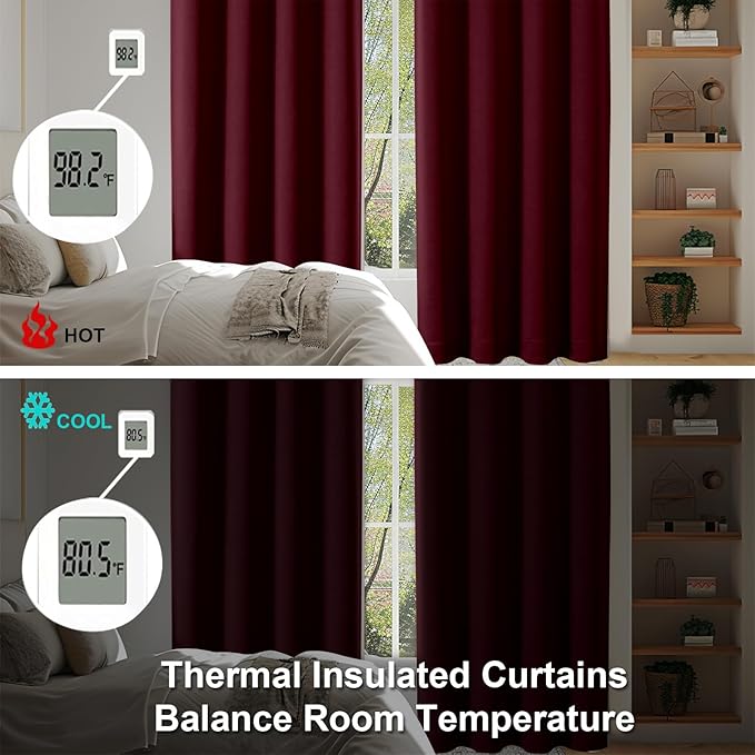 Simplebrand Ava Burgundy Blackout Curtains for Bedroom 96 Inches Long 2 Panels, Solid Thermal Insulated, Energy Saving Nursery Window Treatment Curtains Blackout Drapes, W40 x L96 Inch, Burgundy